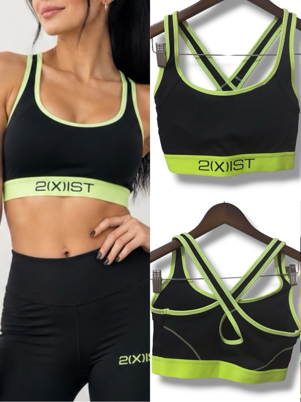 2xist | NWOT Black Neon Green Strappy Racerback Athletic Sports Bra (size M)